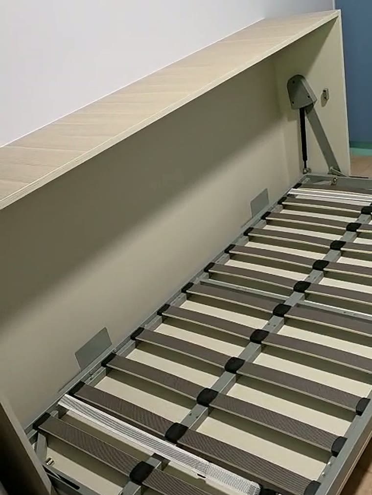 A single Murphy bed folded down sideways out of its cabinet, the gas strut and slatted frame visible.