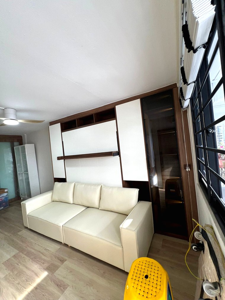 A living room wall with a sofa below and the Murphy bed closed into the wall above it.