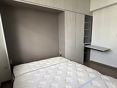 A Murphy bed folded down with its mattress, built into a wall of matching carpentry with open shelving alongside.