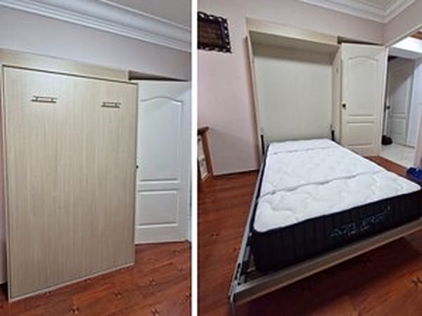 The same wall bed twice: closed flush into its cabinet, and folded down with the mattress on it.