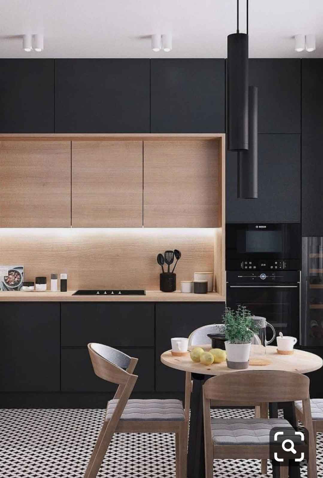 grey kitchen cabinet witht wood grain combination