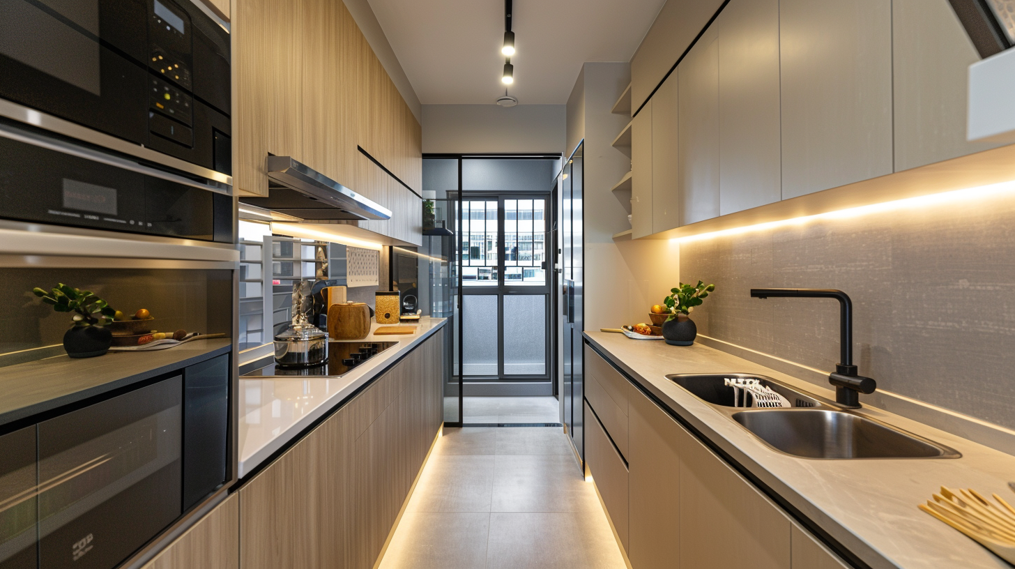 Modern galley kitchen in Singapore HDB with island counter and glass door