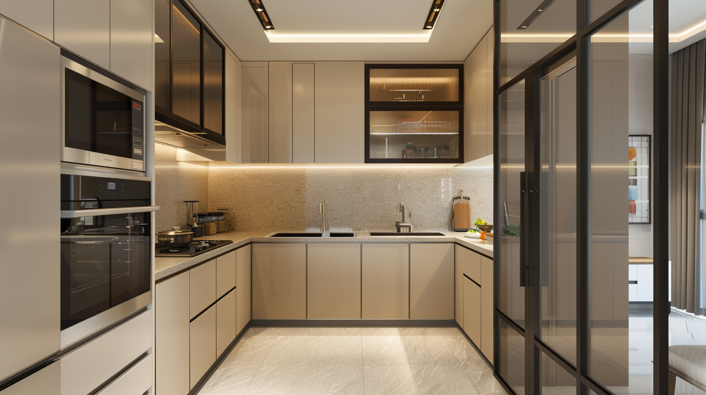 L-shaped HDB kitchen design with island and sliding glass doors