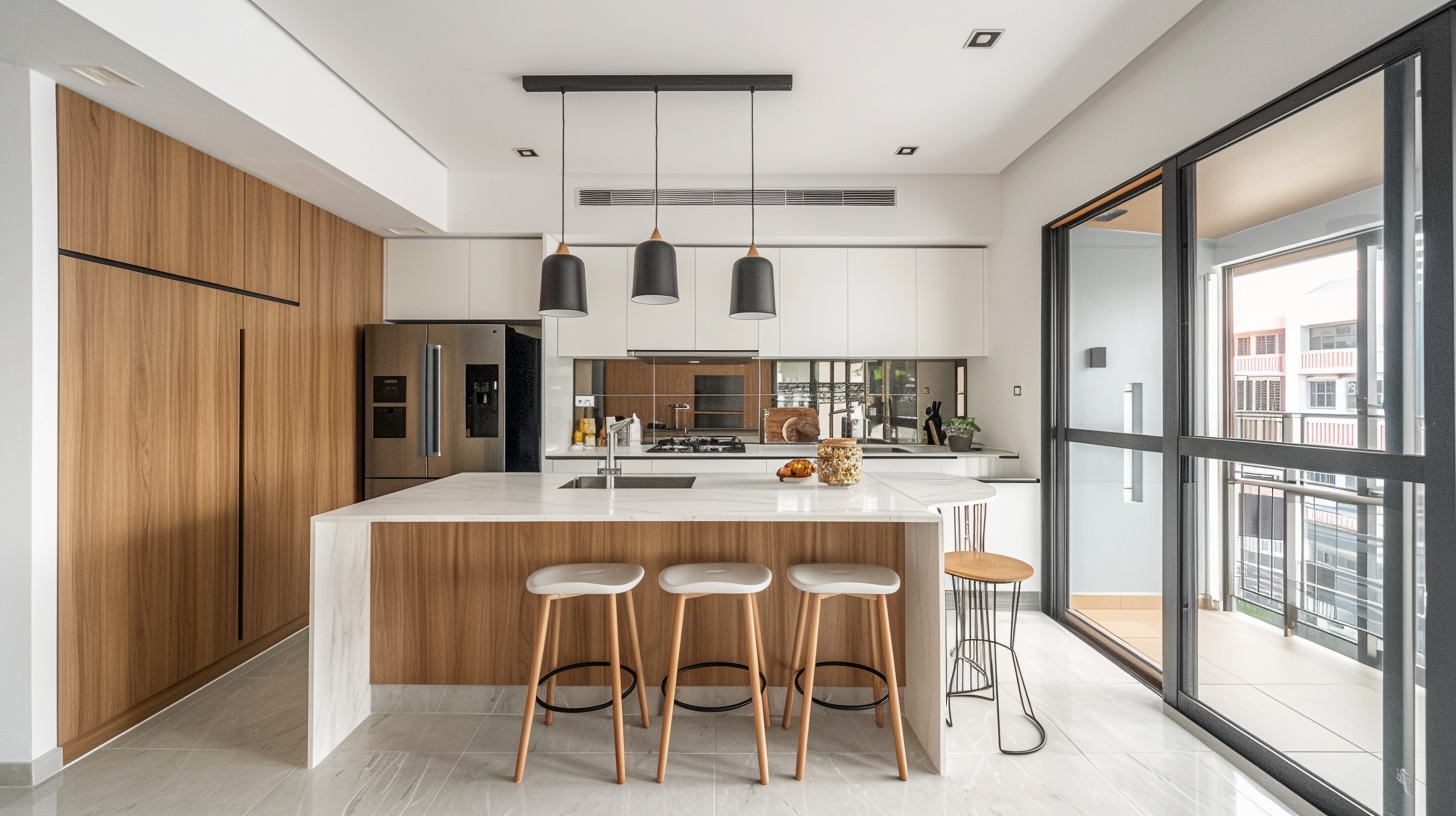 Open concept HDB kitchen with island and glass partition entrance