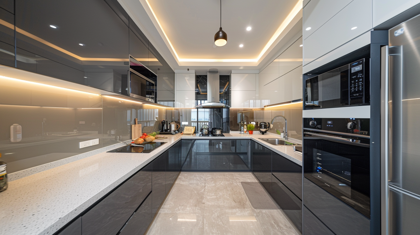 U-shaped HDB kitchen with island, ceiling-high cabinets and glass partition doors