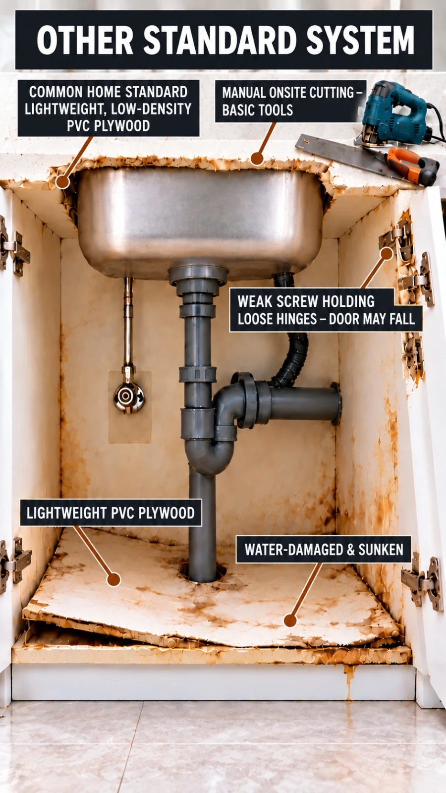 A standard sink cabinet built from lightweight low-density PVC plywood, cut on site, with loose hinges and a water-damaged sunken base