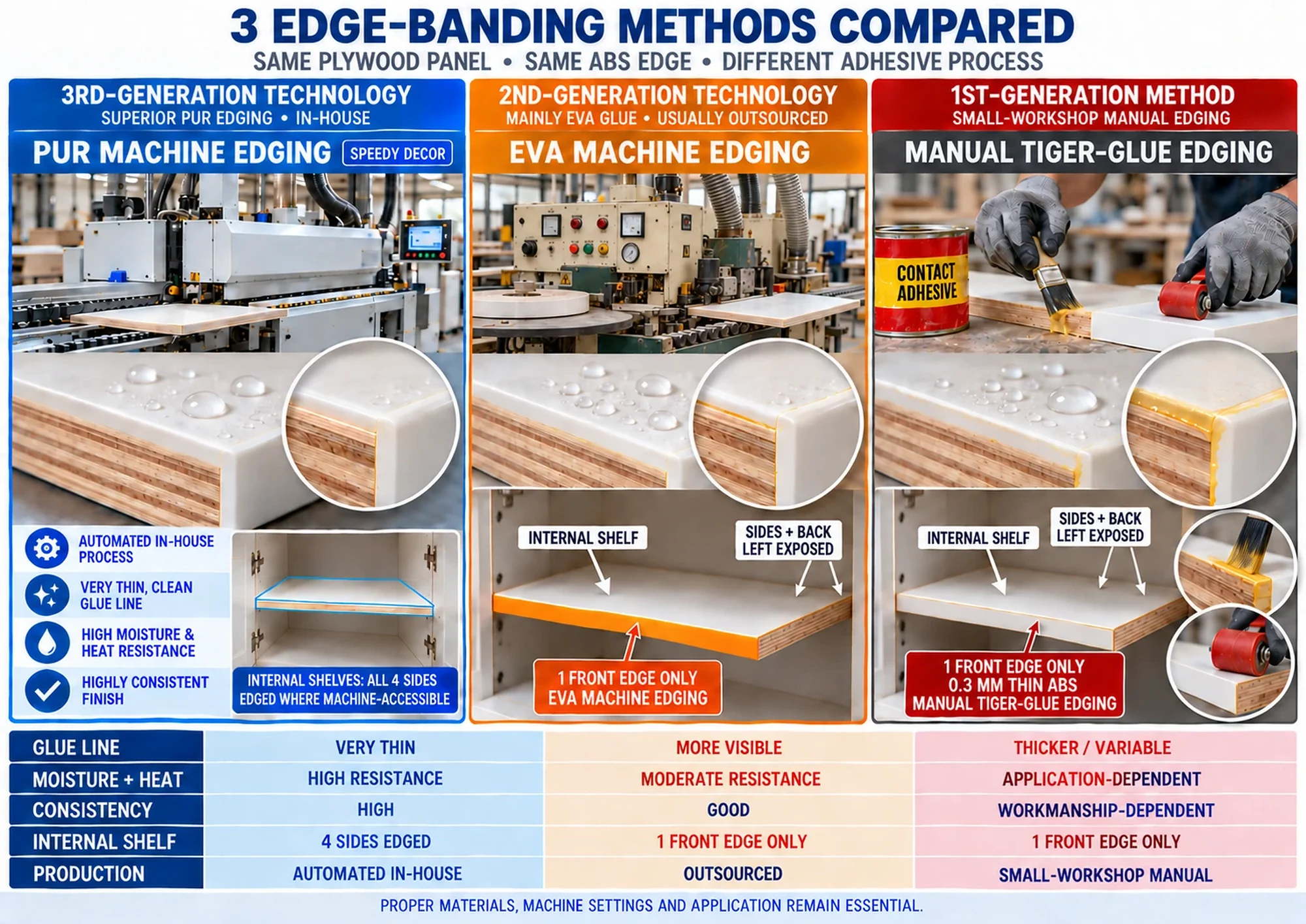 Three edge-banding methods compared on the same plywood panel: PUR machine edging, EVA machine edging and manual contact-adhesive edging