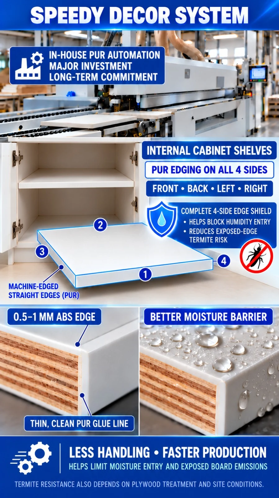 The Speedy Decor system: in-house PUR automation, internal cabinet shelves edged on all four sides, a thin clean PUR glue line and a better moisture barrier
