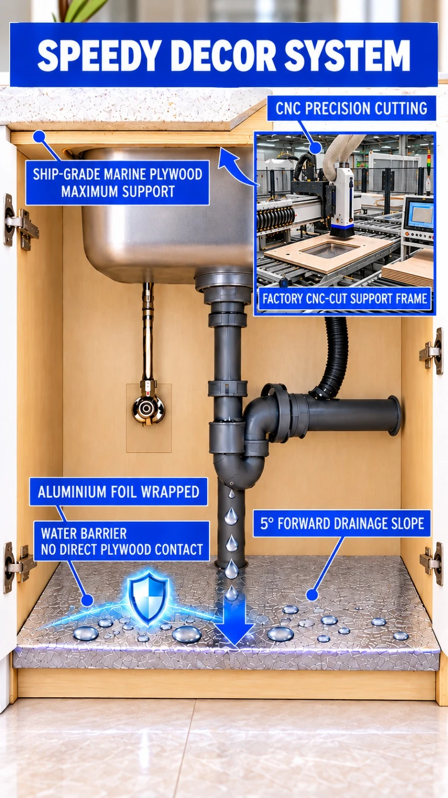 The Speedy Decor sink cabinet: ship-grade marine plywood, CNC precision cutting, an aluminium foil wrapped water barrier and a five degree forward drainage slope