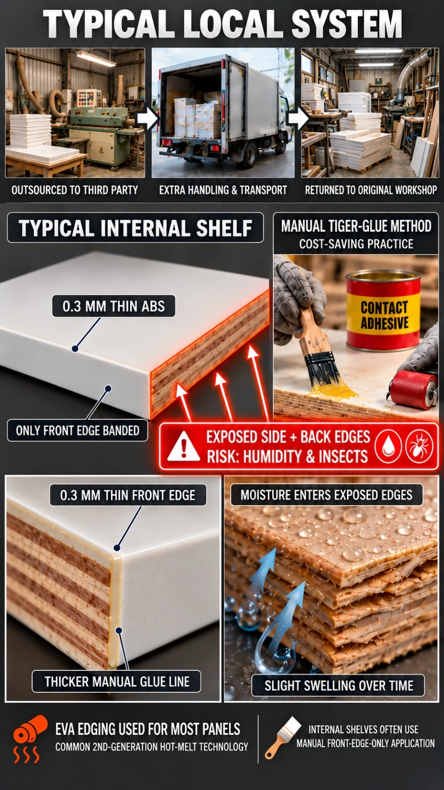 A typical local system: panels outsourced to a third party for edging, 0.3 mm thin ABS on the front edge only, manual tiger-glue and exposed side and back edges